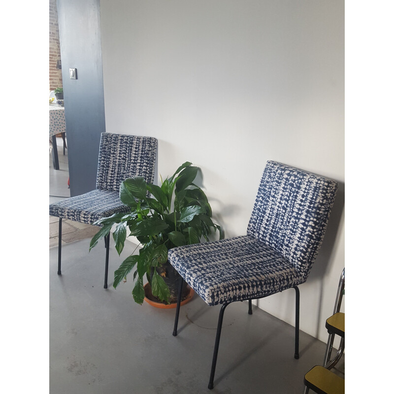 Pair of vintage chairs in metal and indigo fabric, 1950