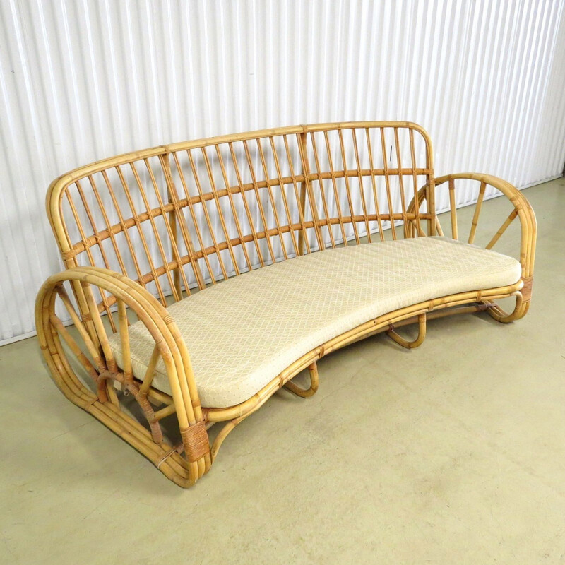 Vintage curved rattan sofa 1960s