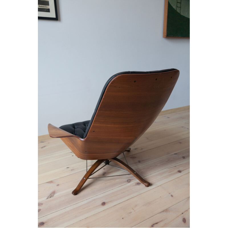 Vintage armchair with walnut, brass and leather ottoman by George Mulhauser, 1960