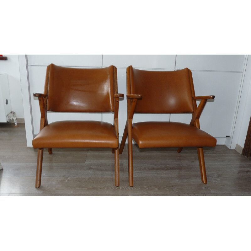Paire de fauteuils Dal Vera en hêtre et simili cuir - 1960