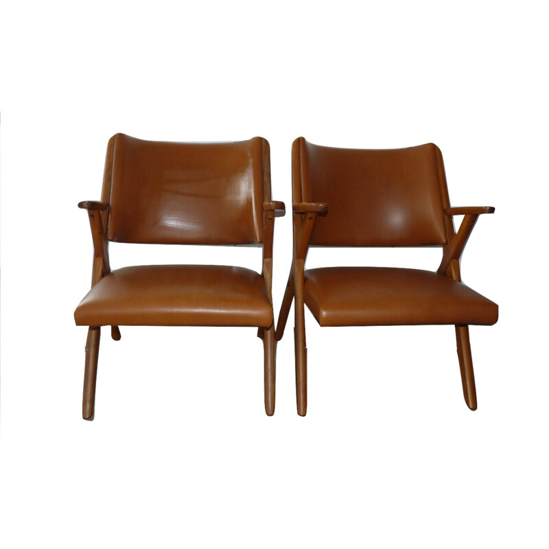 Set of two Dal Vera armchairs in leatherette and beechwood - 1960s