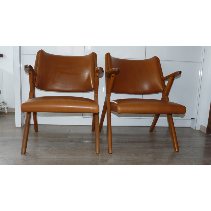 Set of two Dal Vera armchairs in leatherette and beechwood - 1960s