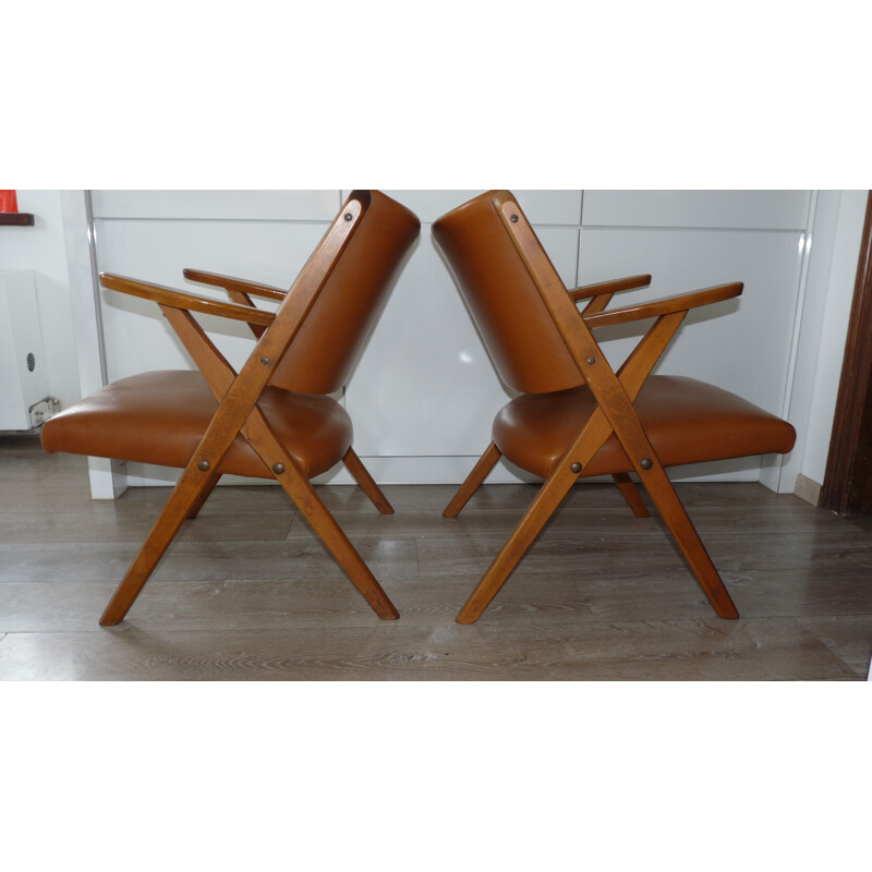 Set of two Dal Vera armchairs in leatherette and beechwood - 1960s