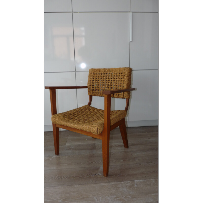 Fauteuil vintage en bois et corde, Adrien AUDOUX & Frida MINET - 1950