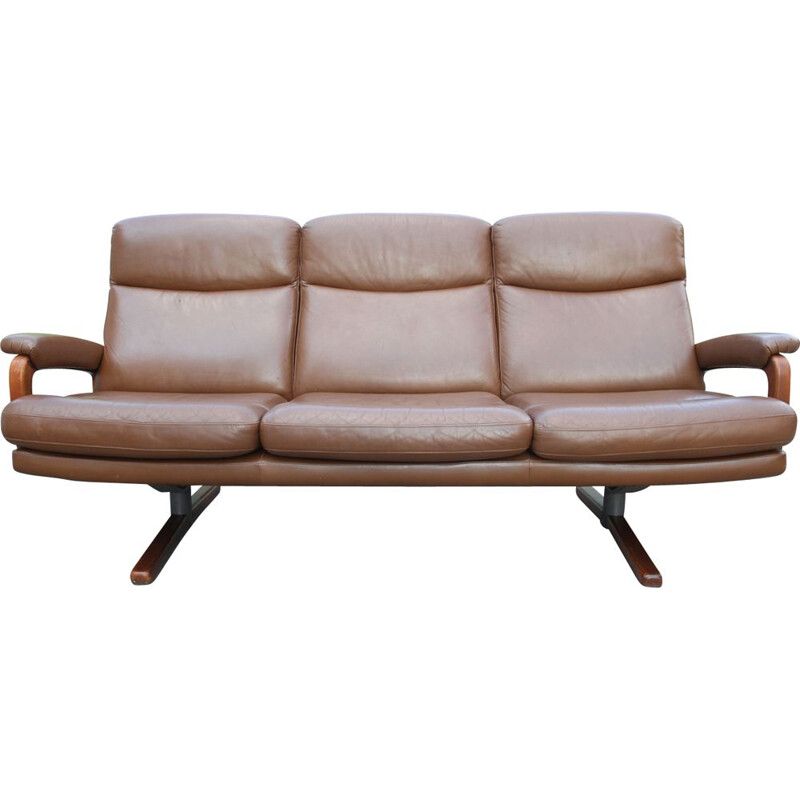 Vintage 3-seater sofa in brown leather Swiss 1950s
