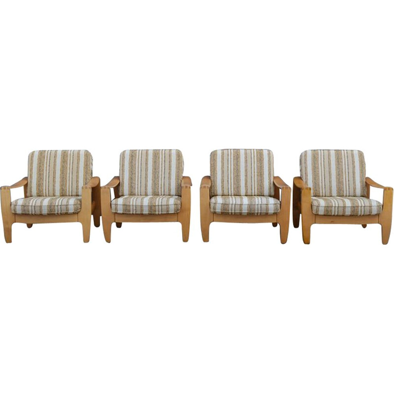 Set of 4 vintage german armchairs in wool and beechwood 1970