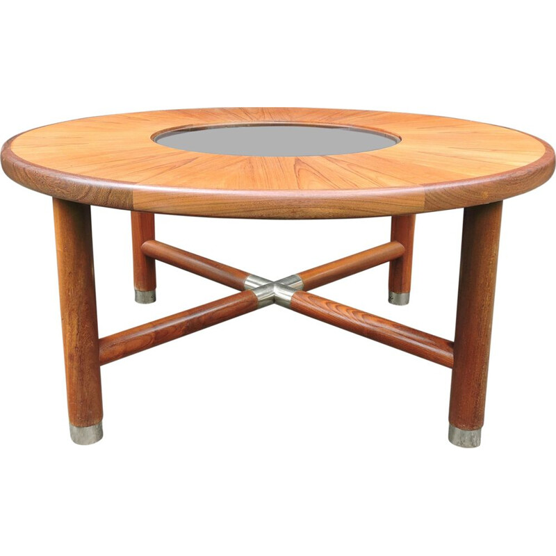 Round vintage teak wood and glass coffee table for G-plan, 1960