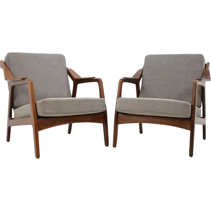 Set of 2 vintage armchairs by Petersen in grey fabric and wood 1970