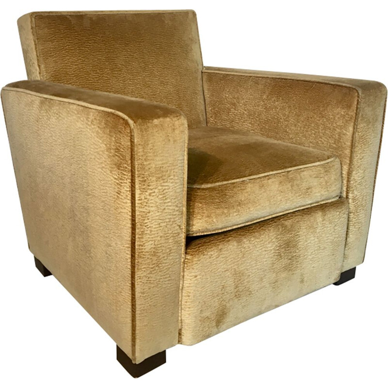 Pair of vintage armchairs in golden yellow velvet