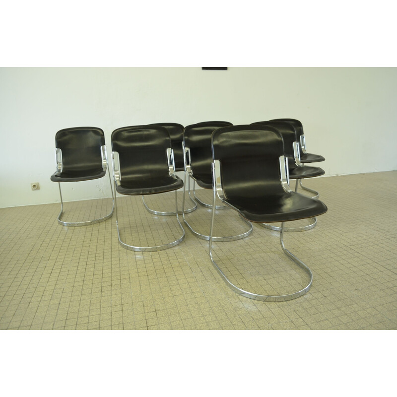 Ensemble de 8 chaises vintage en cuir noir par Cidue