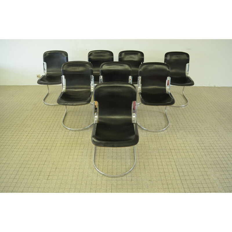 Set of 8 vintage chairs black leather by Willy Rizzo for Cidue