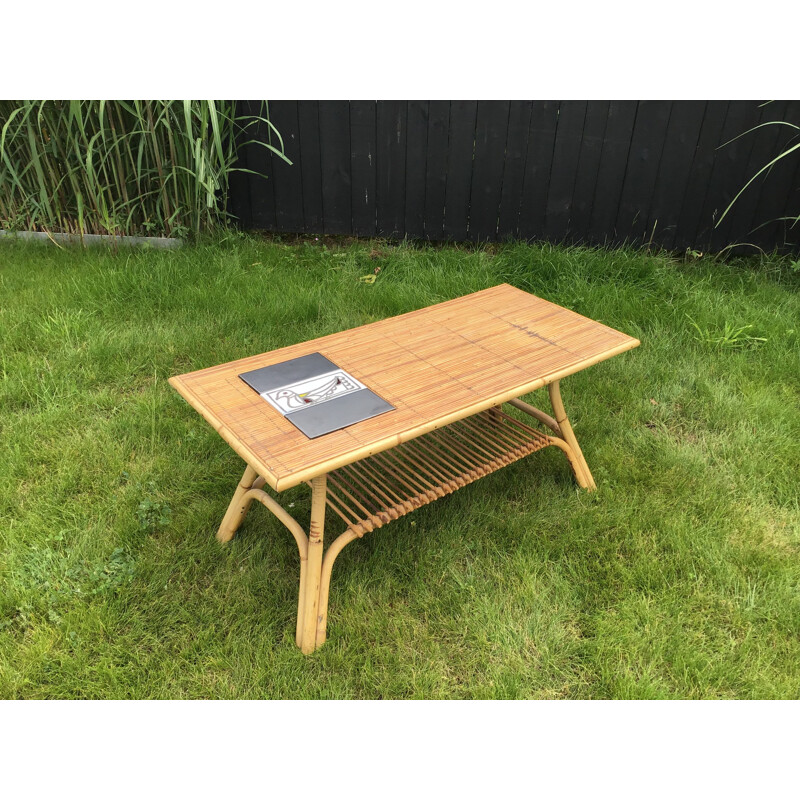 Vintage coffee table in rattan and ceramic by R. Capron France 1960s