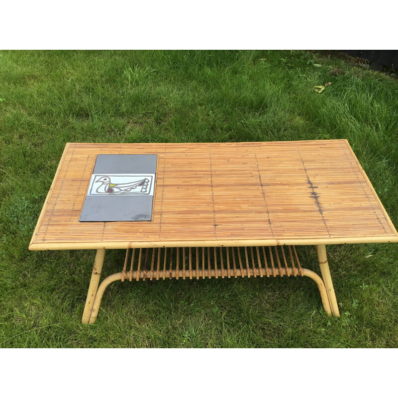 Vintage coffee table in rattan and ceramic by R. Capron France 1960s