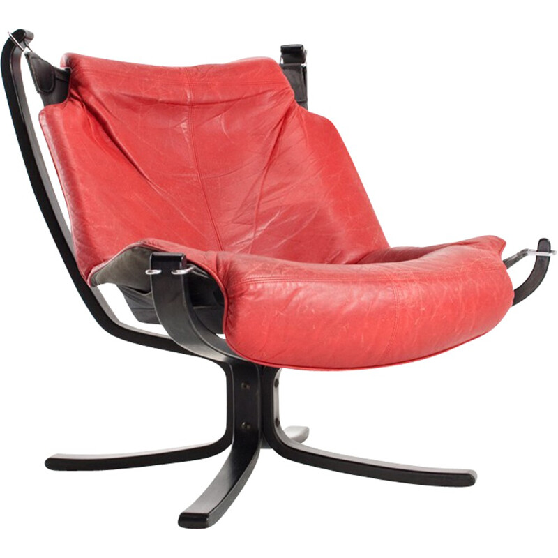 Vatne Mobler wooden and red leather armchair, Sigurd RESSELL - 1960s