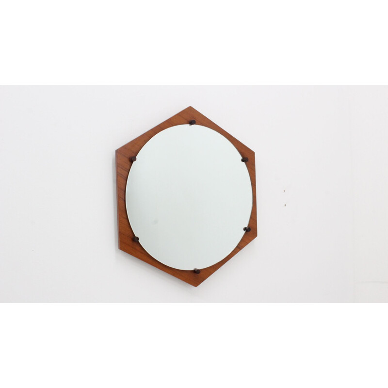 Vintage hexagonal teak mirror by ISA Bergamo 1950s