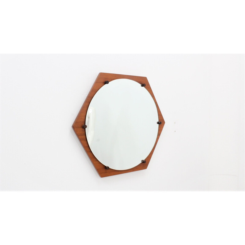 Vintage hexagonal teak mirror by ISA Bergamo 1950s