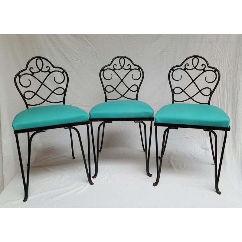 Conjunto de 6 sillas de hierro forjado y tela, René PROU - 1930