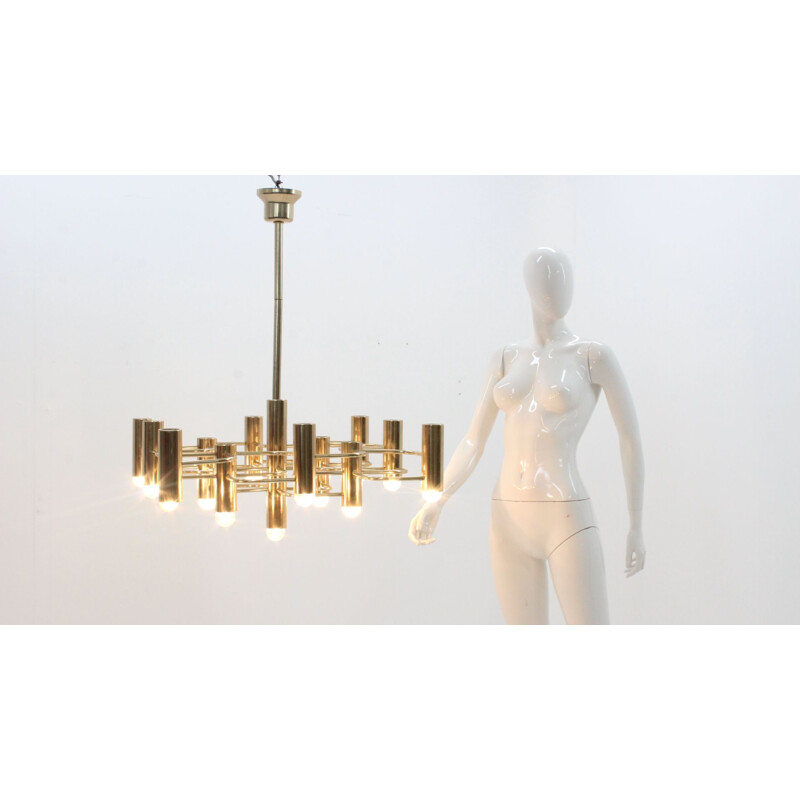 Vintage chandelier in metal brassed by Gaetano Sciolari 1970s