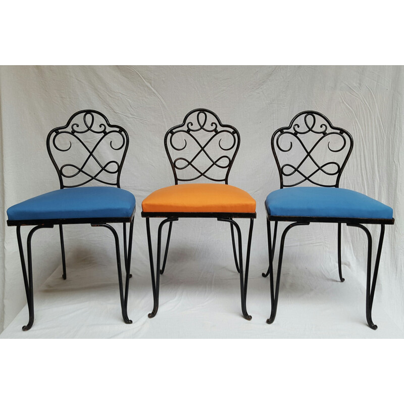 Ensemble de 6 chaises en fer forgé et tissu, René PROU - 1930 