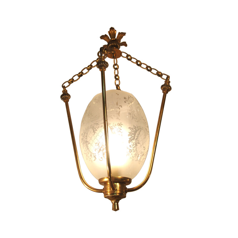 Lampada a sospensione d'epoca in ottone e vetro, 1930