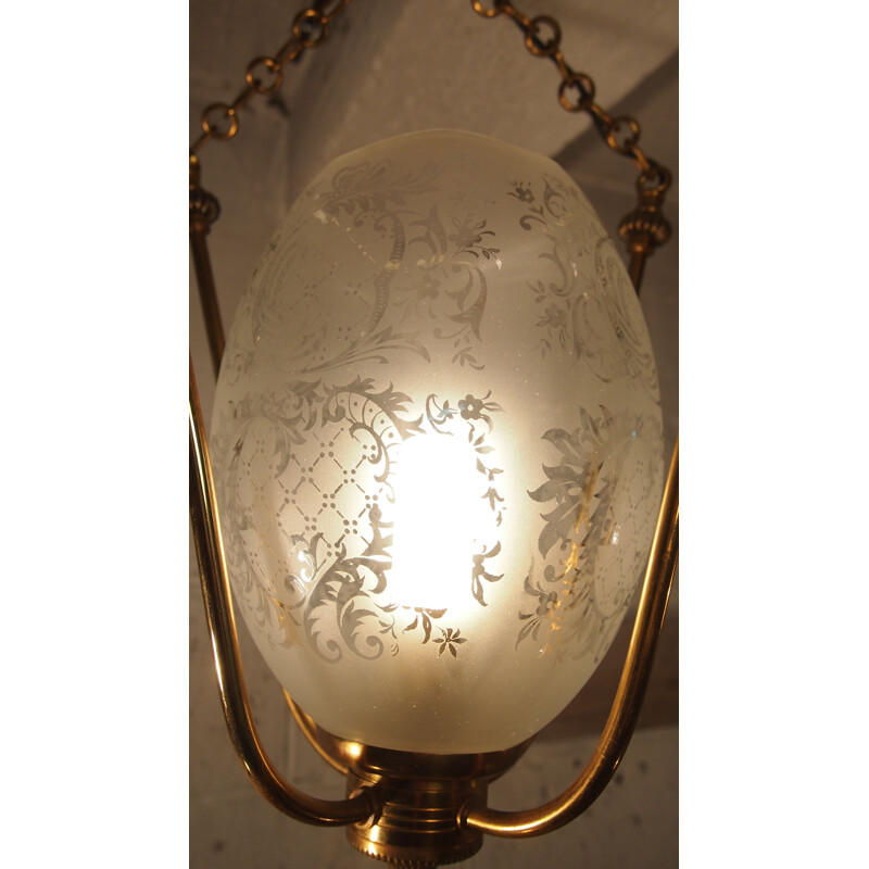 Lámpara de suspensión vintage de latón y cristal, 1930