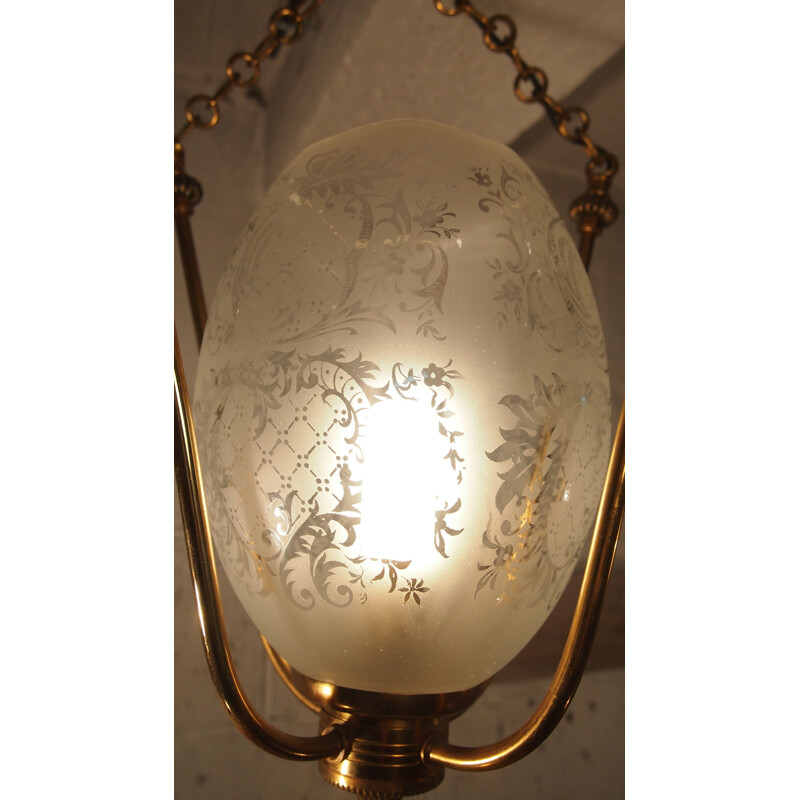 Vintage hanglamp van messing en glas, 1930