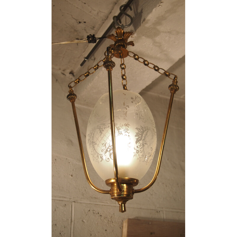 Vintage hanglamp van messing en glas, 1930