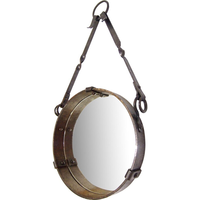 Vintage round mirror by Jacques Adnet,1940