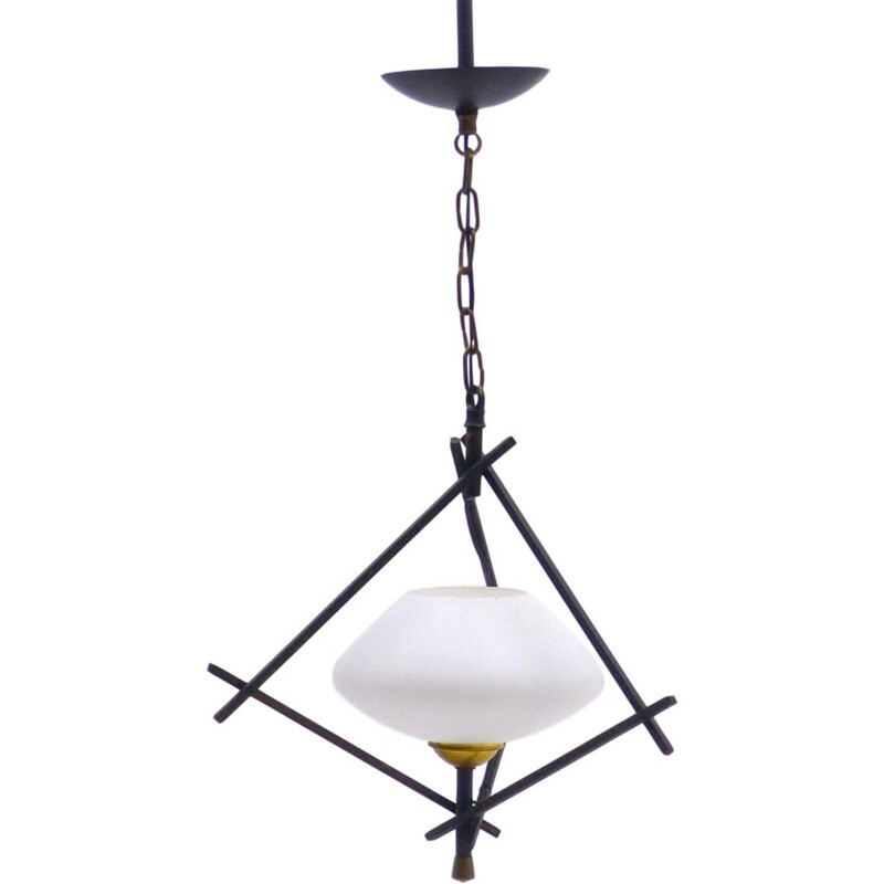 Vintage iron and opaline pendant lamp 1950