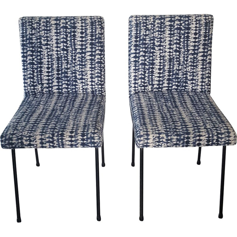Paar vintage stoelen van metaal en indigo stof, 1950