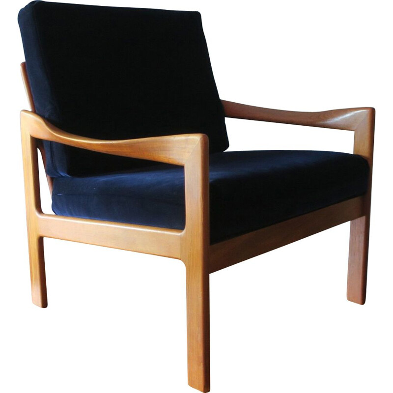 Vintage Illum Wikkelslo for Eilersen Teak Lounge Chair in Blue Velvet