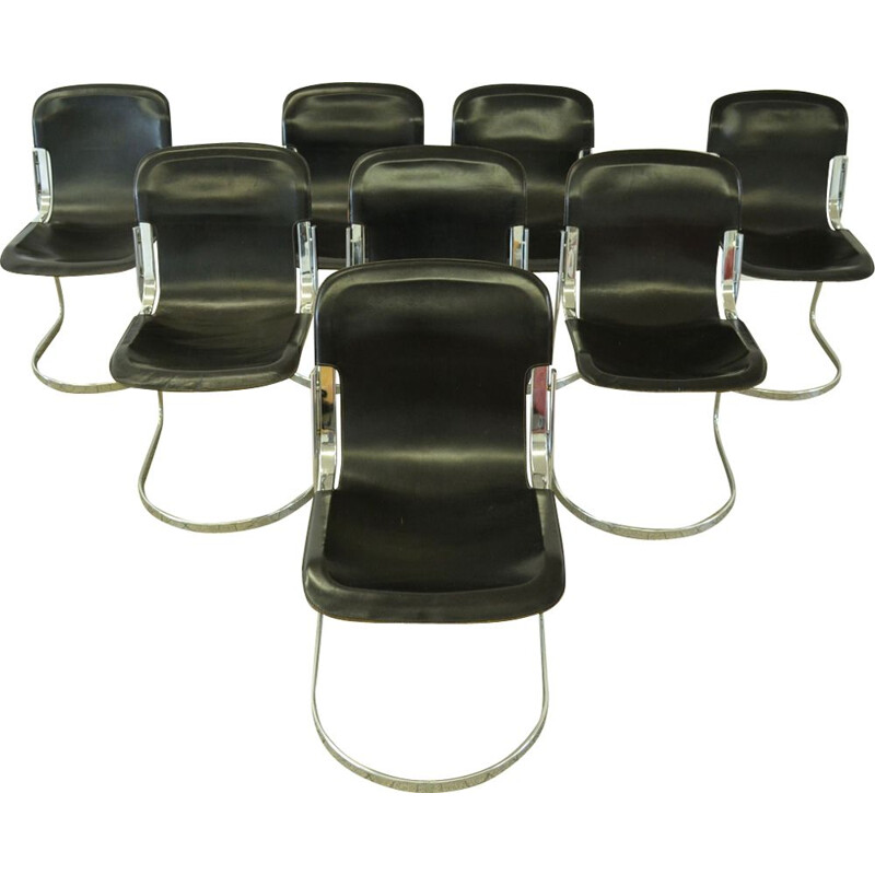 Set of 8 vintage chairs black leather by Willy Rizzo for Cidue