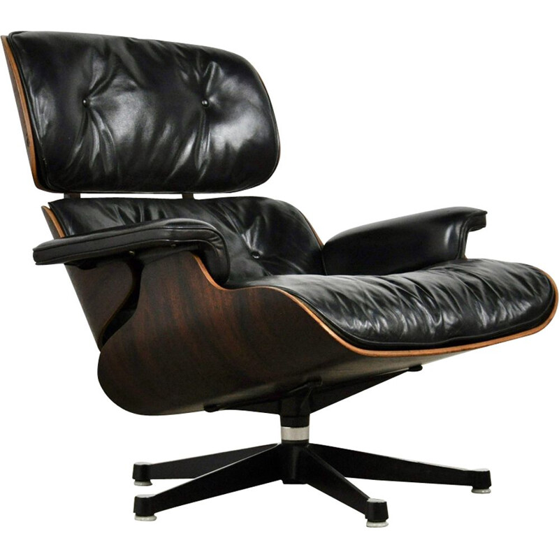 Fauteuil vintage Lounge chair de Eames pour Miller en palissandre et cuir noir 1970