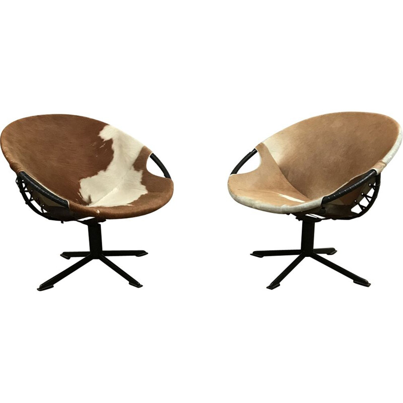 Pair of vintage Balloon armchairs Lusch & co in skin 1960 skin