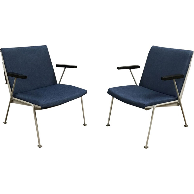 Pair of Dutch vintage armchairs by Oase Rietveld in blue fabric 1950