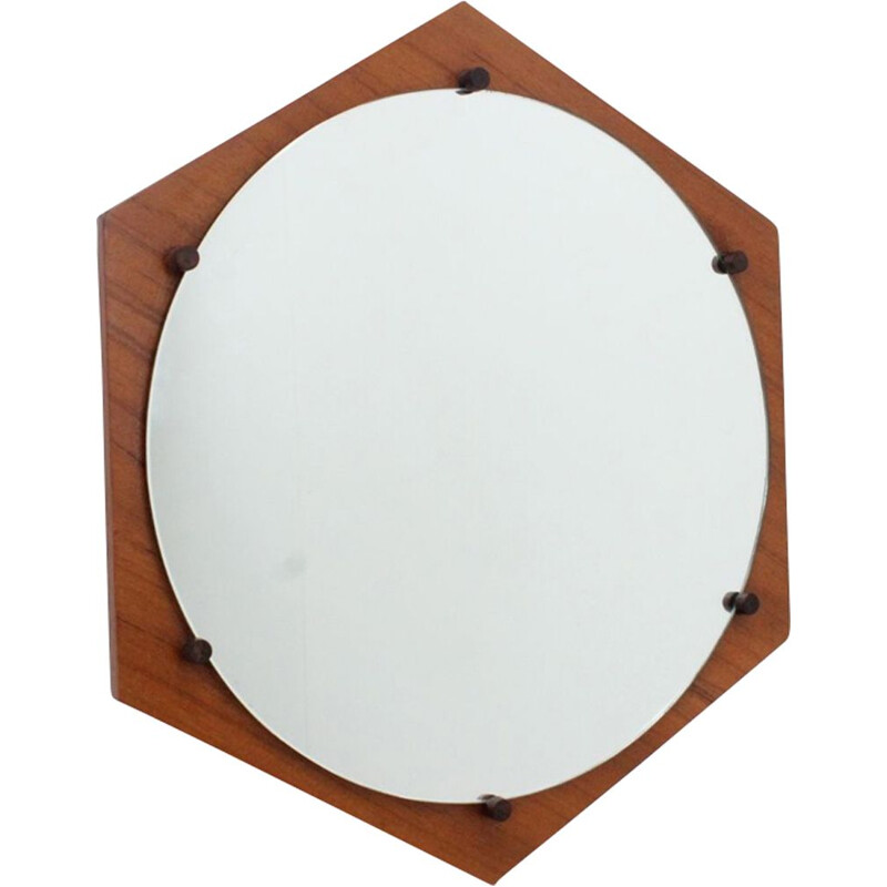 Vintage hexagonal teak mirror by ISA Bergamo 1950s