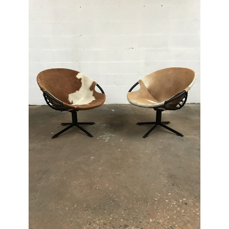 Pair of vintage Balloon armchairs Lusch & co in skin 1960 skin