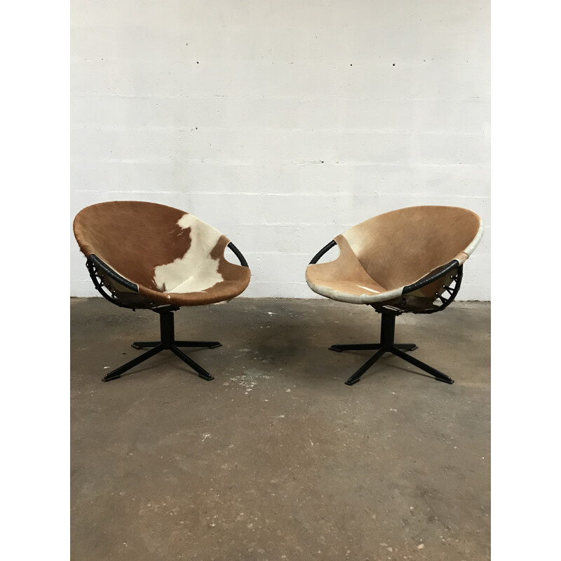 Pair of vintage Balloon armchairs Lusch & co in skin 1960 skin