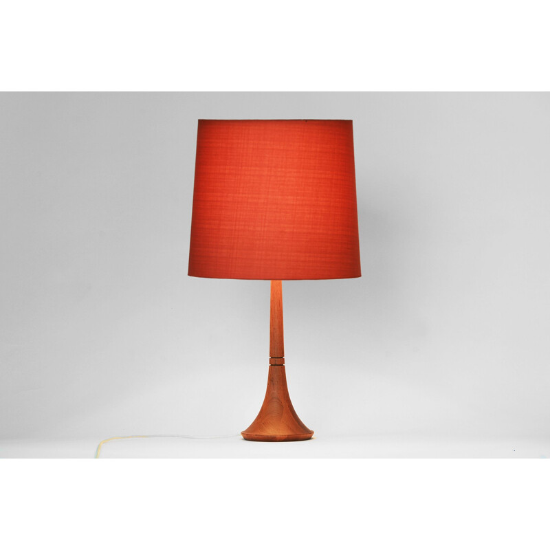 Vintage table lamp in teak with original linen shade, Sweden 1960s