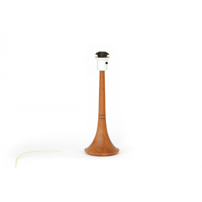 Vintage table lamp in teak with original linen shade, Sweden 1960s