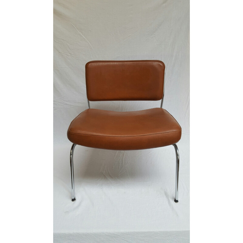 Vintage low chair in metal and brown leatherette - 1960s