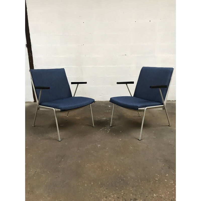 Pair of Dutch vintage armchairs by Oase Rietveld in blue fabric 1950