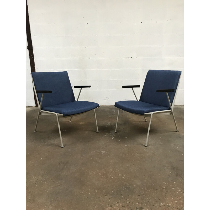 Paire de fauteuils vintage hollandais de Oase Rietveld en tissu bleu 1950