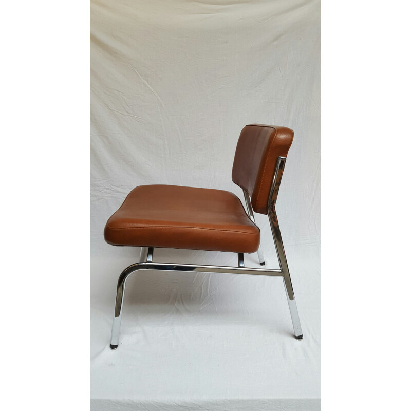 Vintage low chair in metal and brown leatherette - 1960s