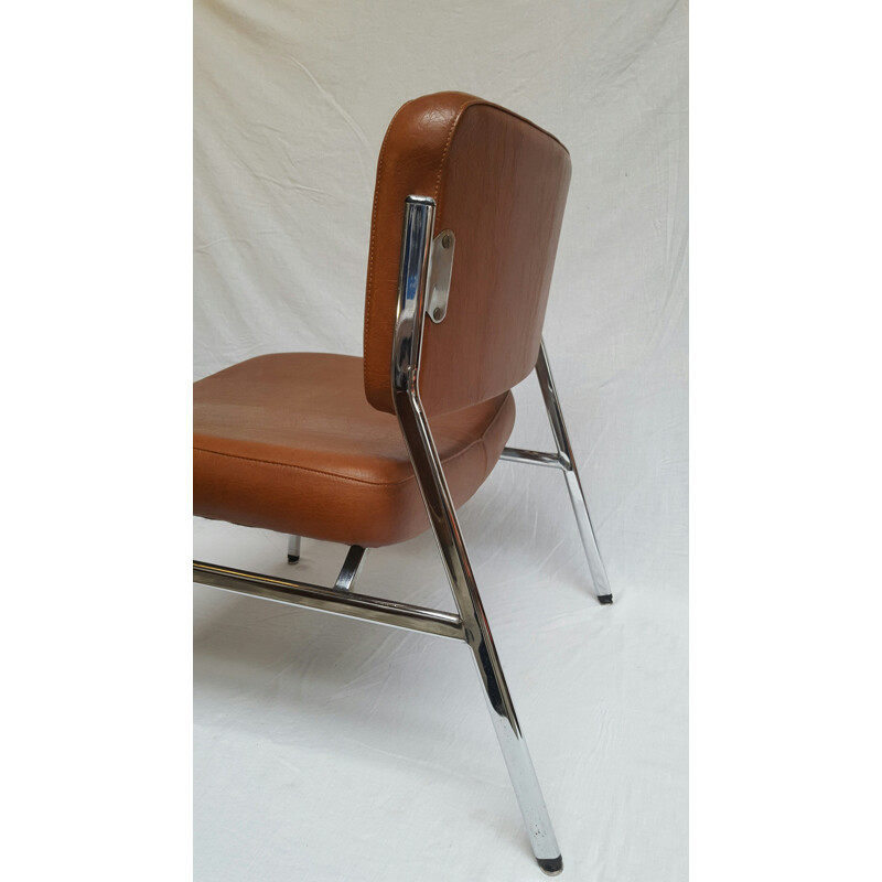 Vintage low chair in metal and brown leatherette - 1960s