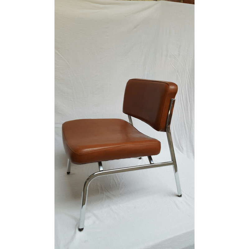 Vintage low chair in metal and brown leatherette - 1960s