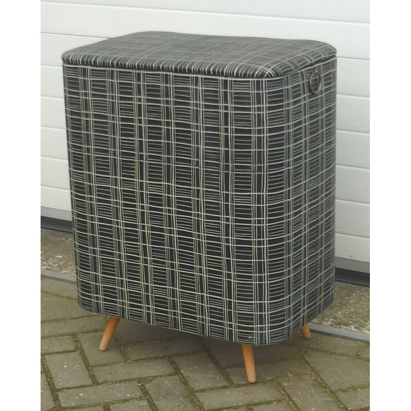 Vintage laundry basket in wood and leatherette - 1960s