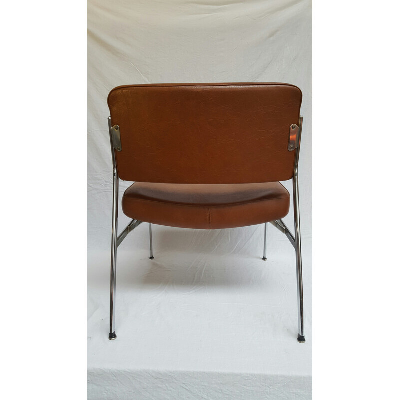 Vintage low chair in metal and brown leatherette - 1960s