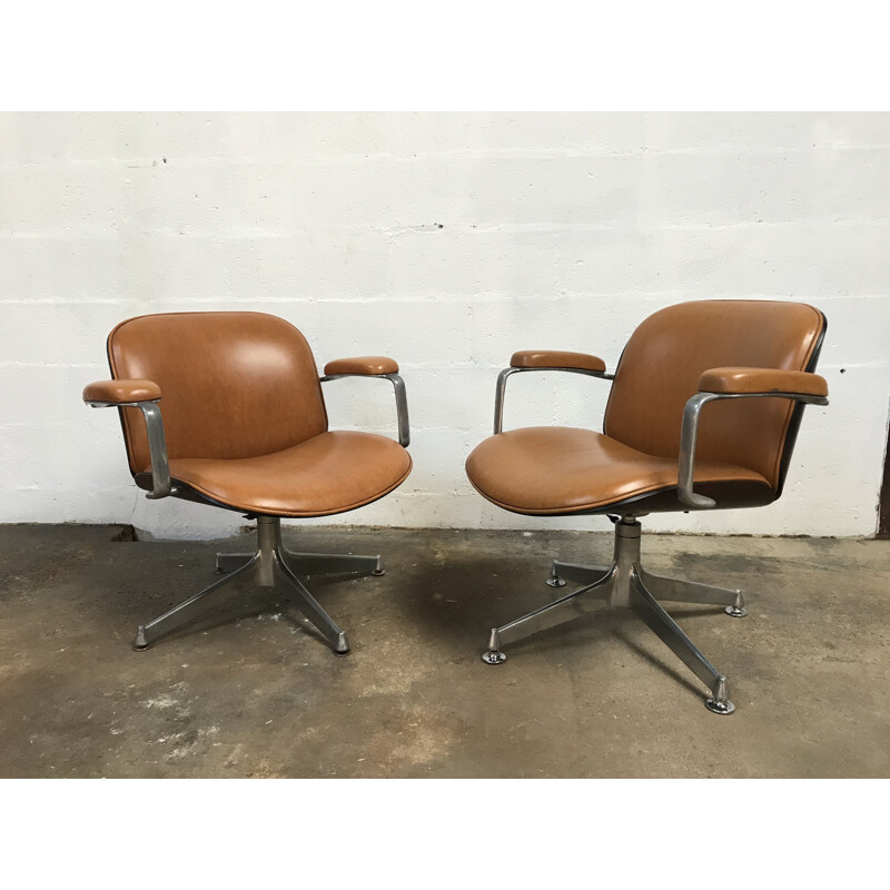 Pair of vintage armchairs for MIM in brown vinyle and aluminum 1960