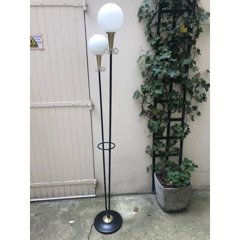French vintage black metal and glass floorlamp
